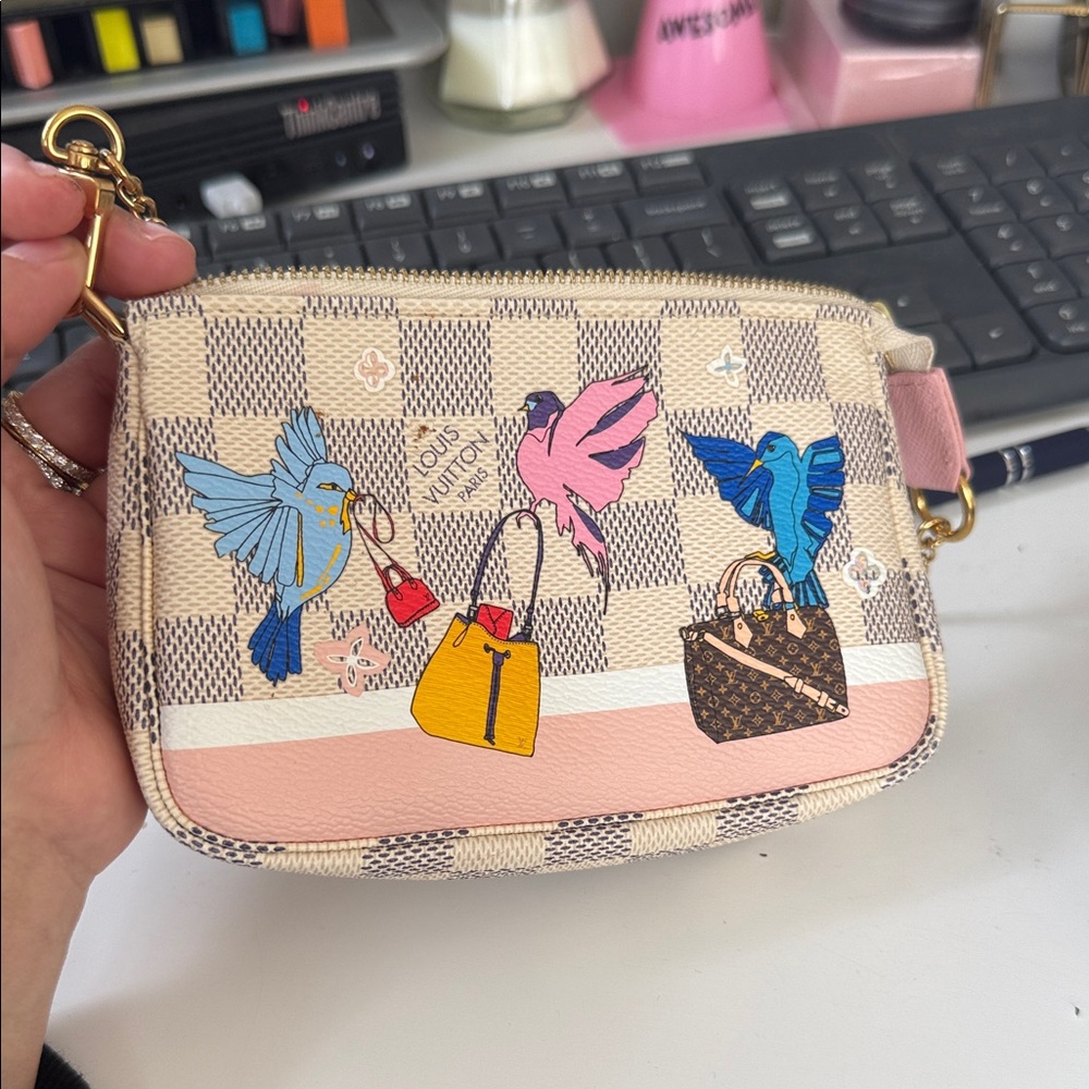 Louis Vuitton Damier Azur Mini Pouch with Pink Trim and Bird Print